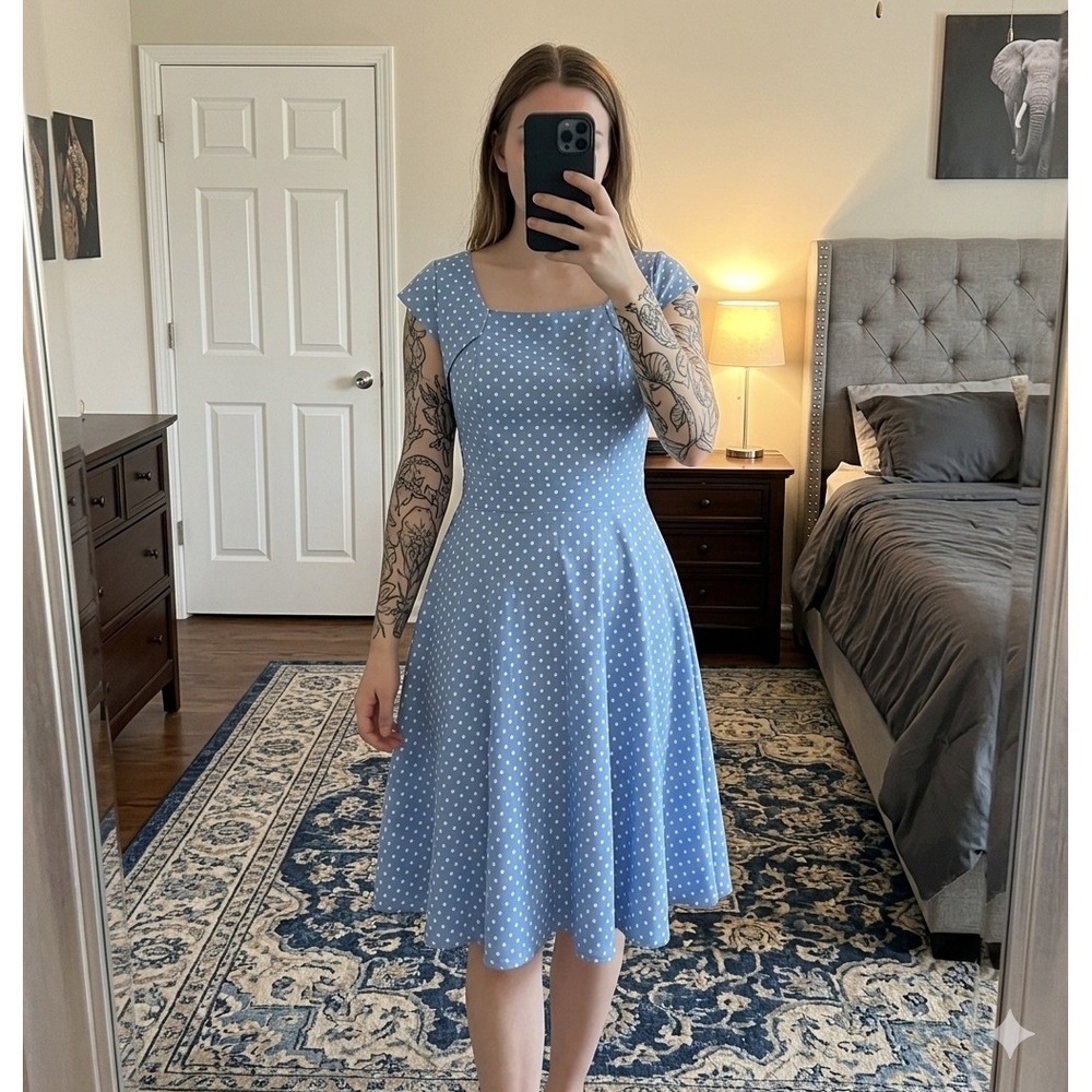H&R London 2XL Blue White Polka Dot Swing Dress Retro 50s Pinup Rockabilly